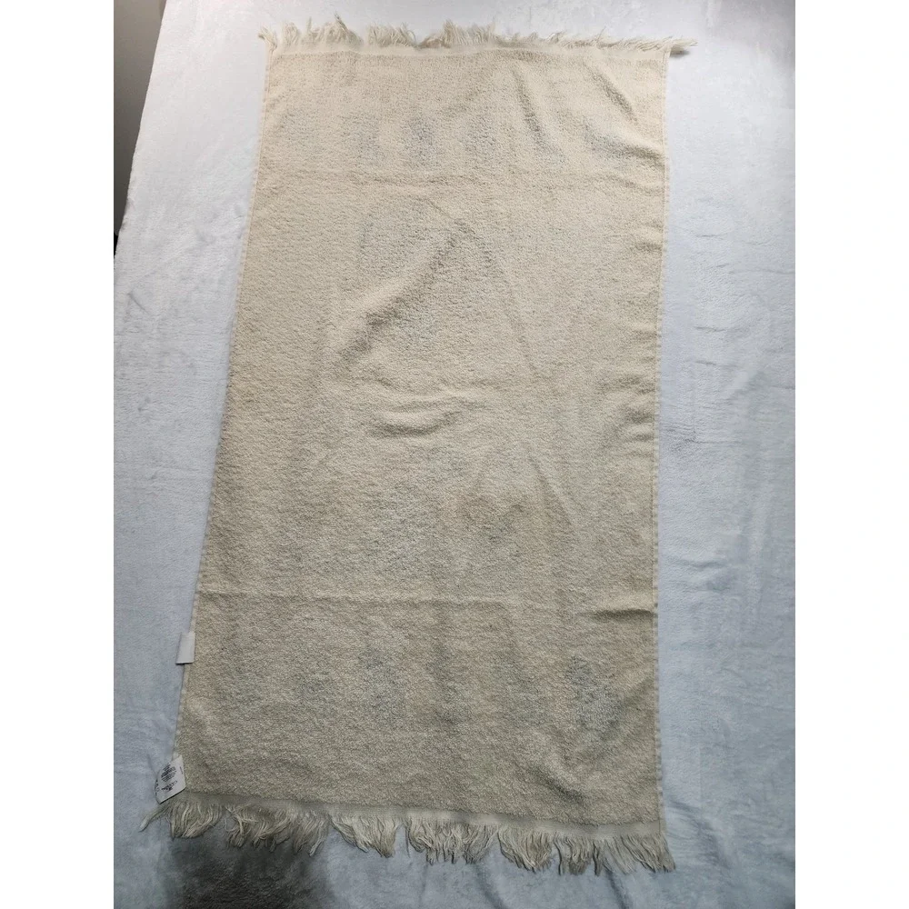 Vintage Cannon Bath Towel Blue Cat Floral Cream Fringed Cotton Blend USA